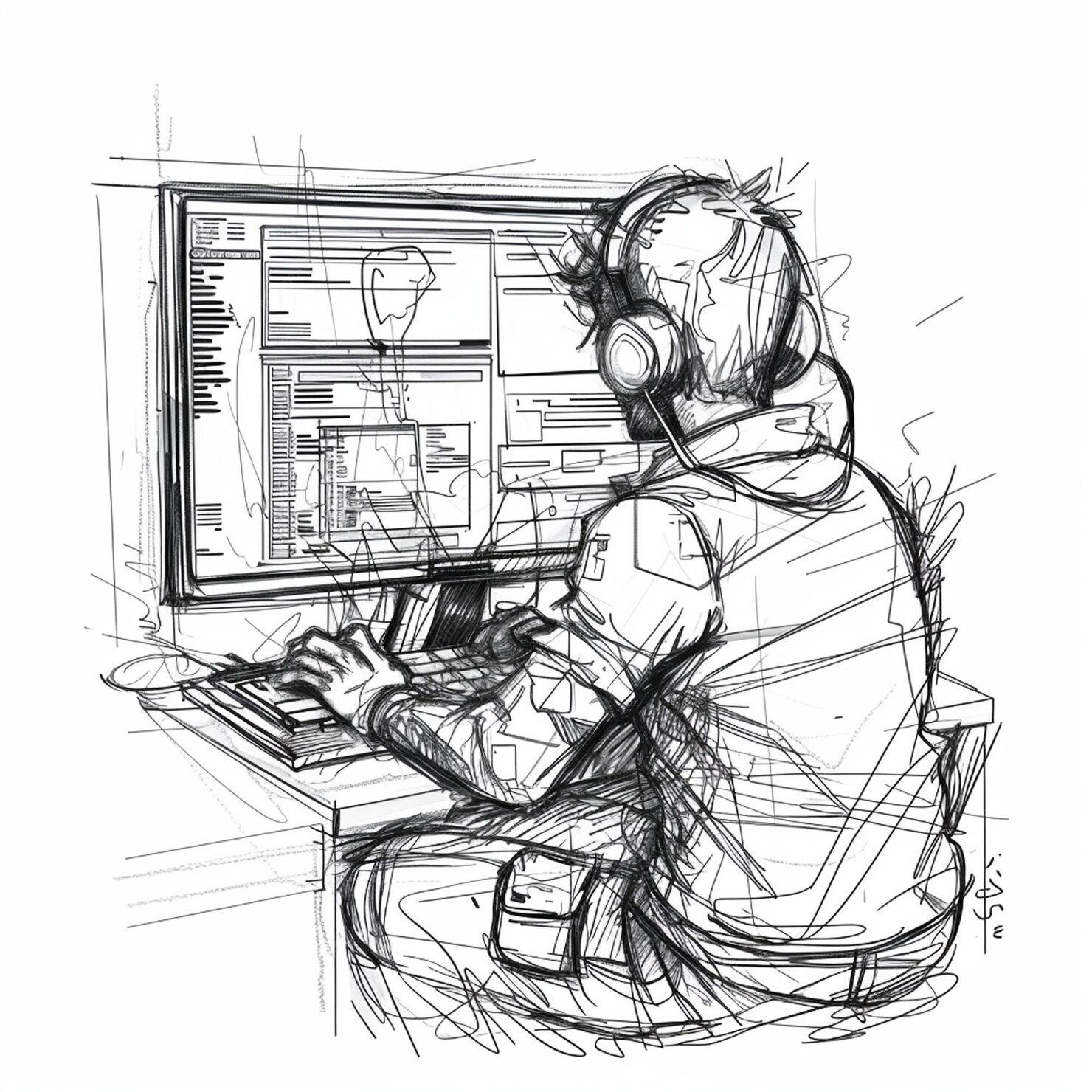 Croquis d'un développeur au travail devant son écran, au casque, en train de coder