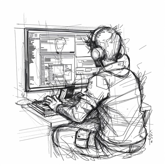 Croquis de Clément Costa, développeur web à Perpignan, au travail devant son écran